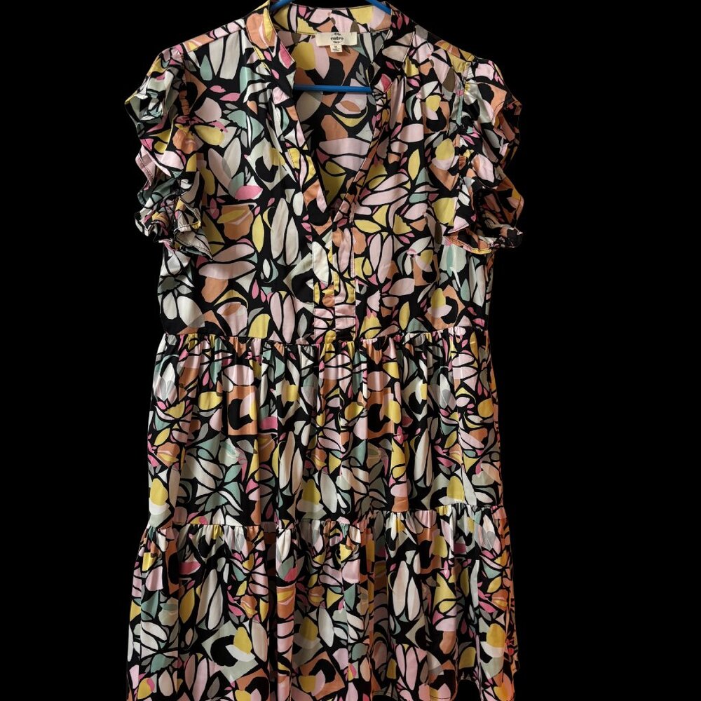 Entro Abstract Floral Tiered Dress | Ruffle Sleeves | Size M